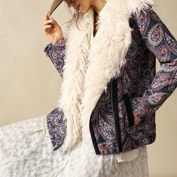 Navy Blue Casual Women's Jacket with Faux Fur Collar and Paisley Pattern - Picture 5 of 9